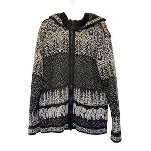 Wool Knit Hooded Full-Zip Sweater Jacket W/ Bear & Forest Print Nylon Liner